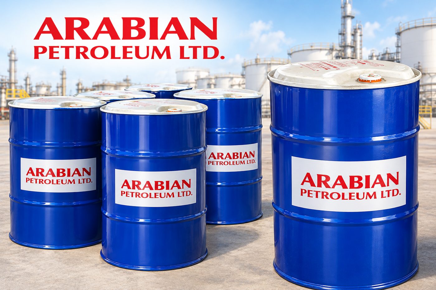 Arabian Petroleum Ltd. branded industrial lubricant drums at an industrial plant