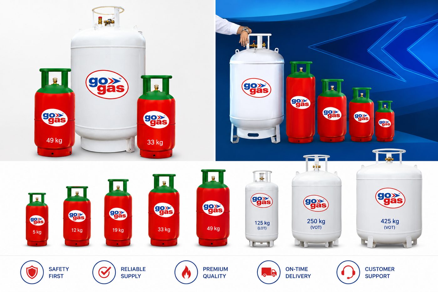 GoGas LPG cylinder range from 5 kg to 425 kg LOT/VOT