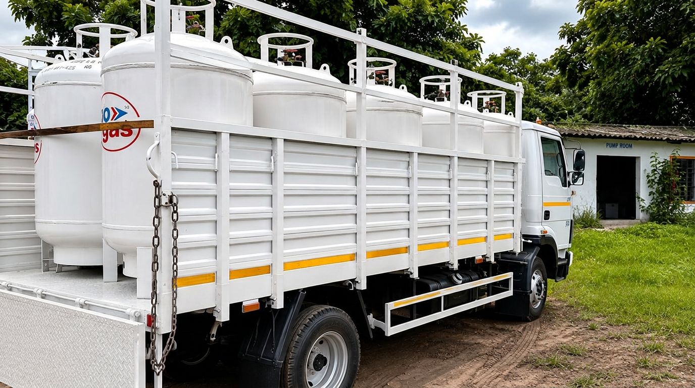 Greenstar Industry GoGas LPG delivery truck loaded with 425 kg LOT/VOT tanks and cylinders