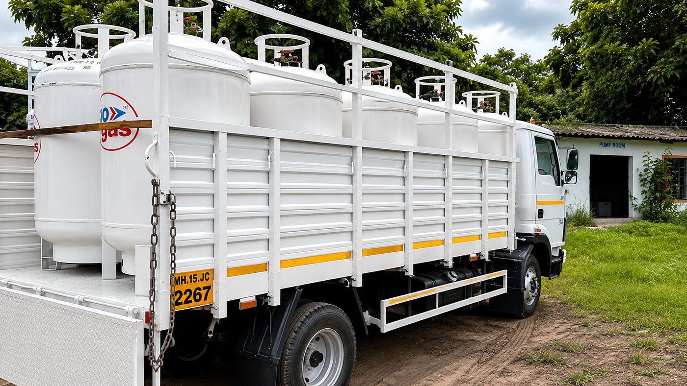Green Star Industry GoGas LPG delivery truck loaded with 425 kg LOT/VOT tanks and cylinders