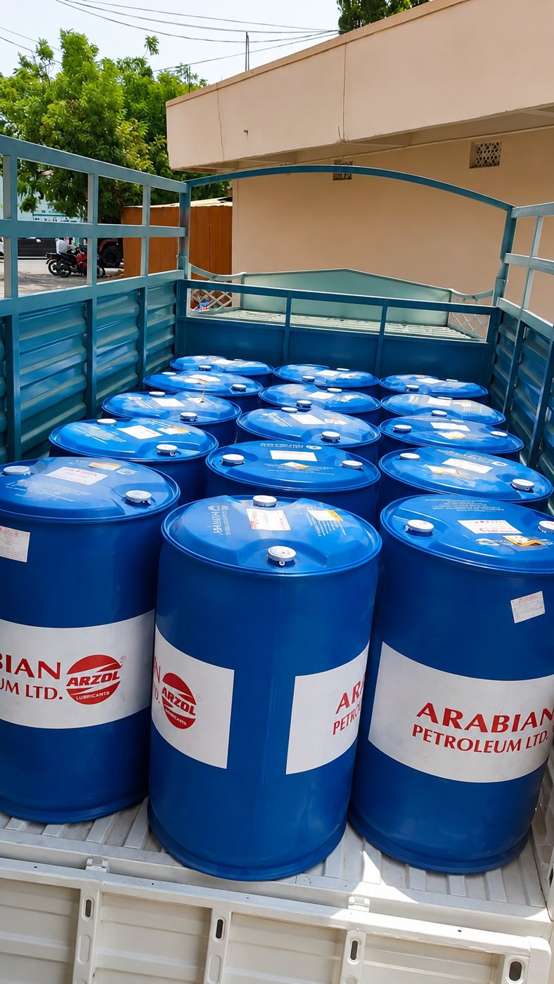 Lubricant drums loaded for dispatch