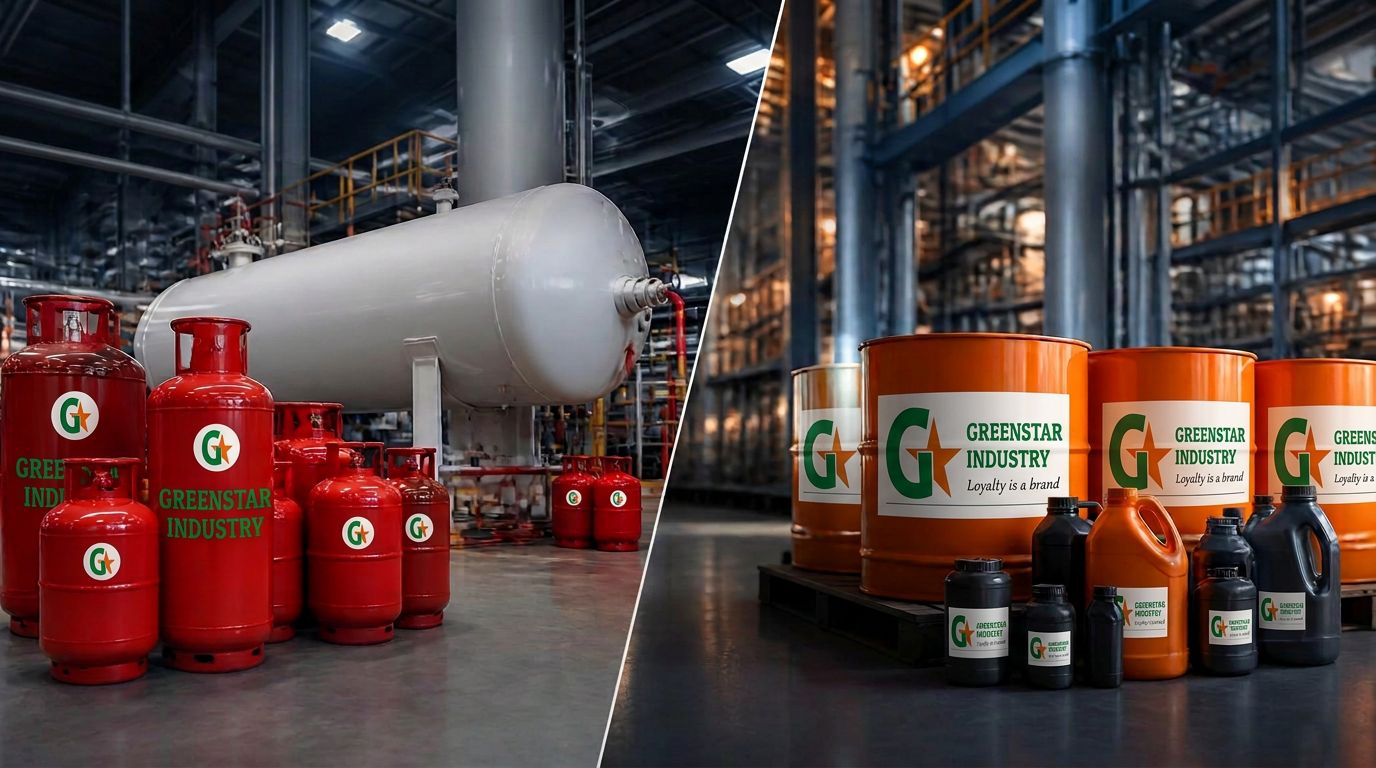 Split view of LPG cylinders and unbranded lubricant drums in an industrial facility