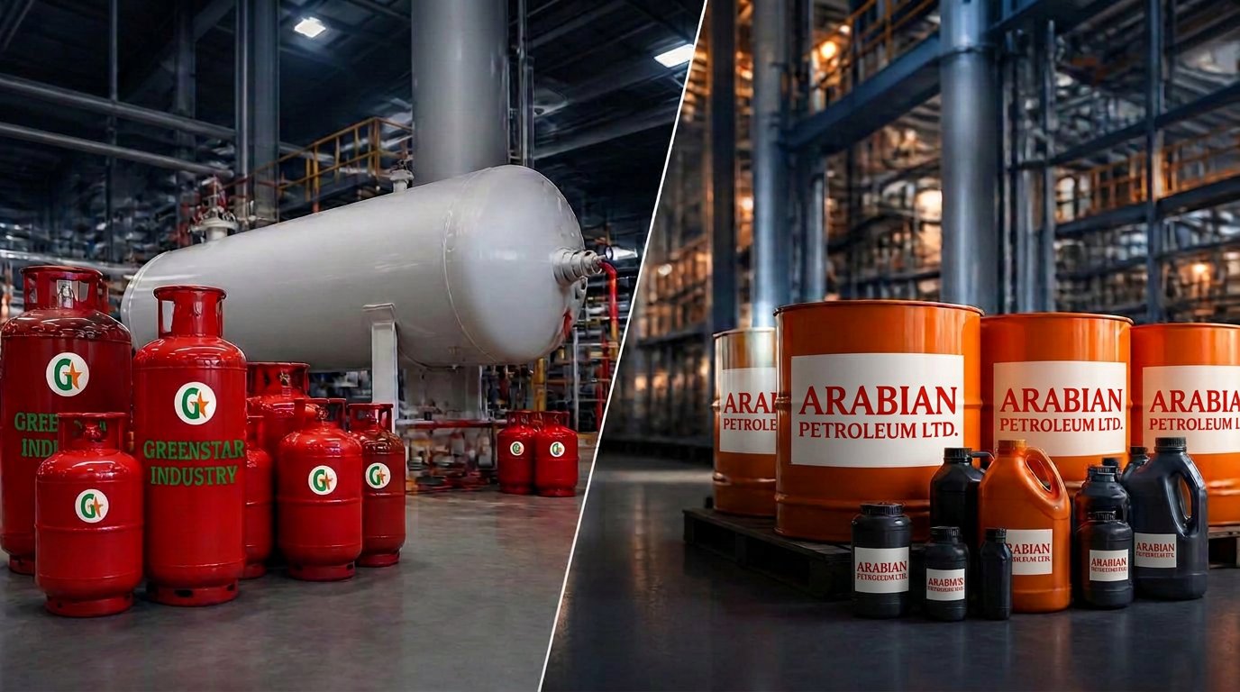 Split view of LPG cylinders and unbranded lubricant drums in an industrial facility