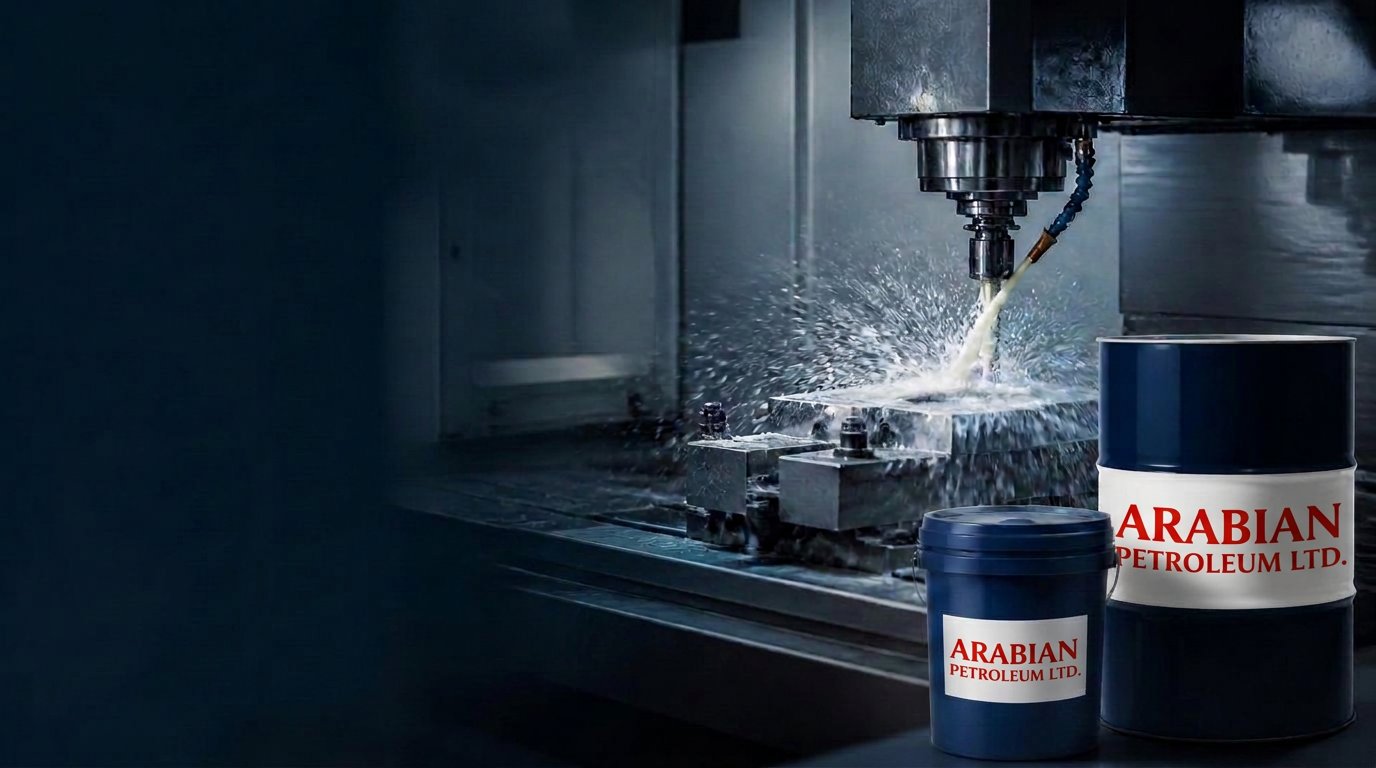 CNC machining with cutting fluid coolant spray and industrial grease containers