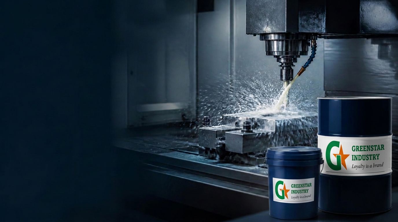 CNC machining with cutting fluid coolant spray and industrial grease containers