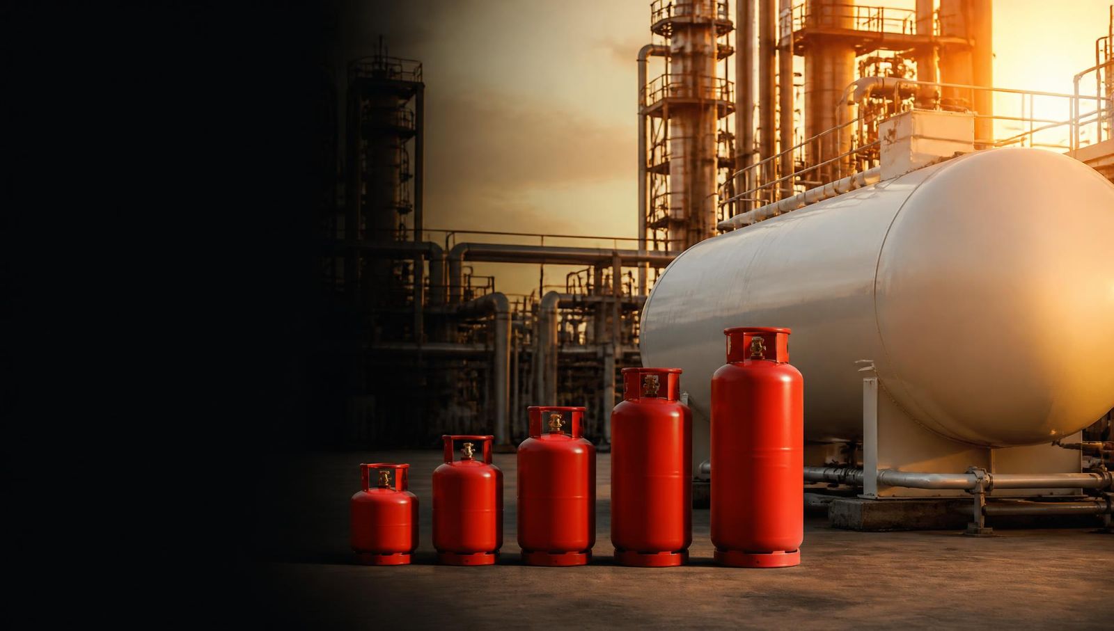 GoGas industrial LPG cylinders from 19 kg to 50 kg beside a 425 kg bulk LPG tank at an industrial plant