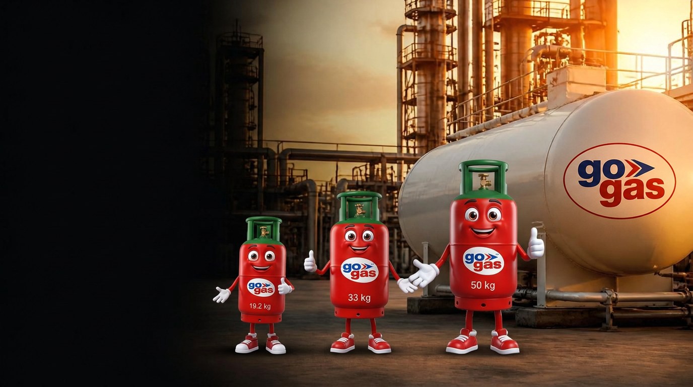 GoGas 19.2 kg, 33 kg and 50 kg cylinder mascots arranged in increasing size beside a bulk LPG tank at an industrial plant