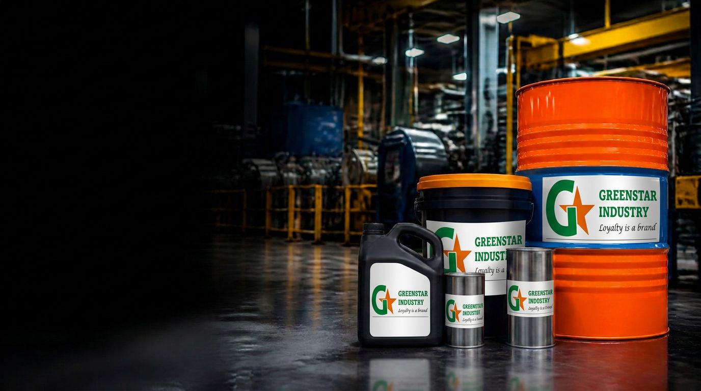 Unbranded industrial lubricant drums, buckets and oil cans in a manufacturing plant