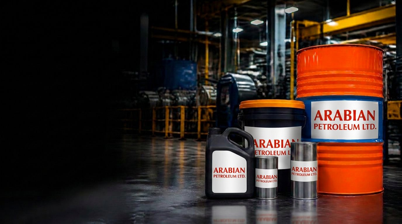 Arabian Petroleum Ltd. branded industrial lubricant drums, buckets and oil cans in a manufacturing plant